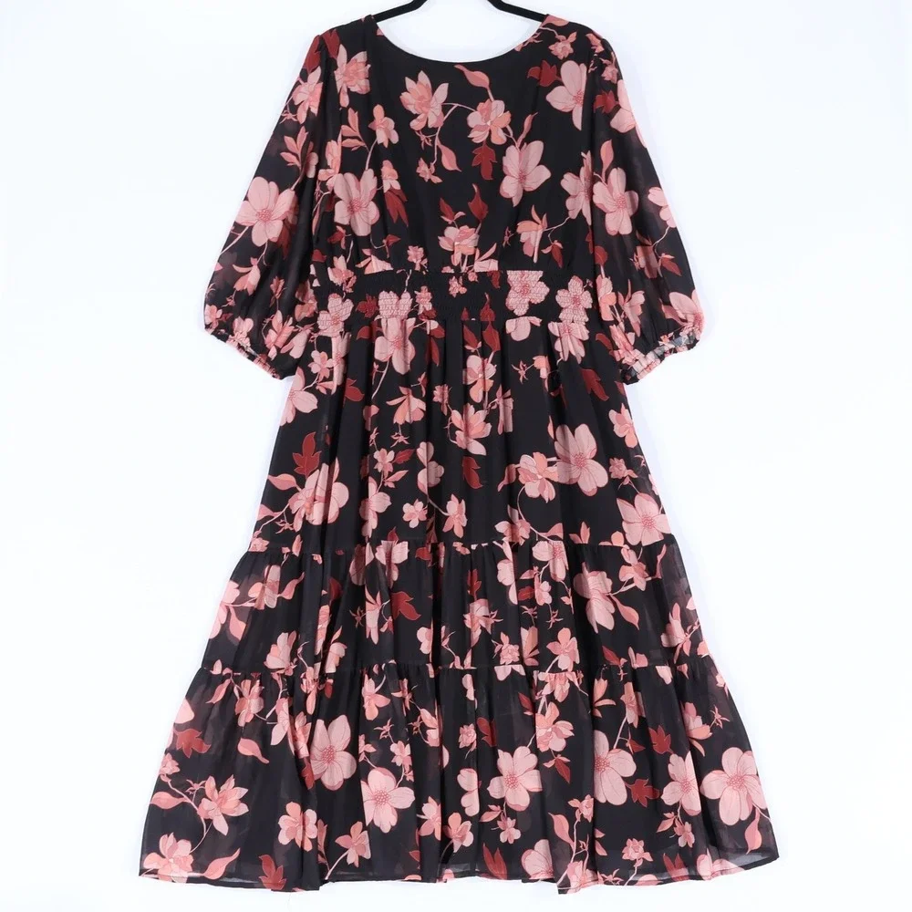 Wayward Fancies eShakti Floral Midi Dress Womens 2X Black Boho Witchy